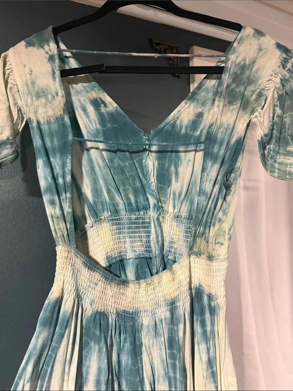 Boho V-Neck Tie-Dye Maxi Dress in Teal and Cream